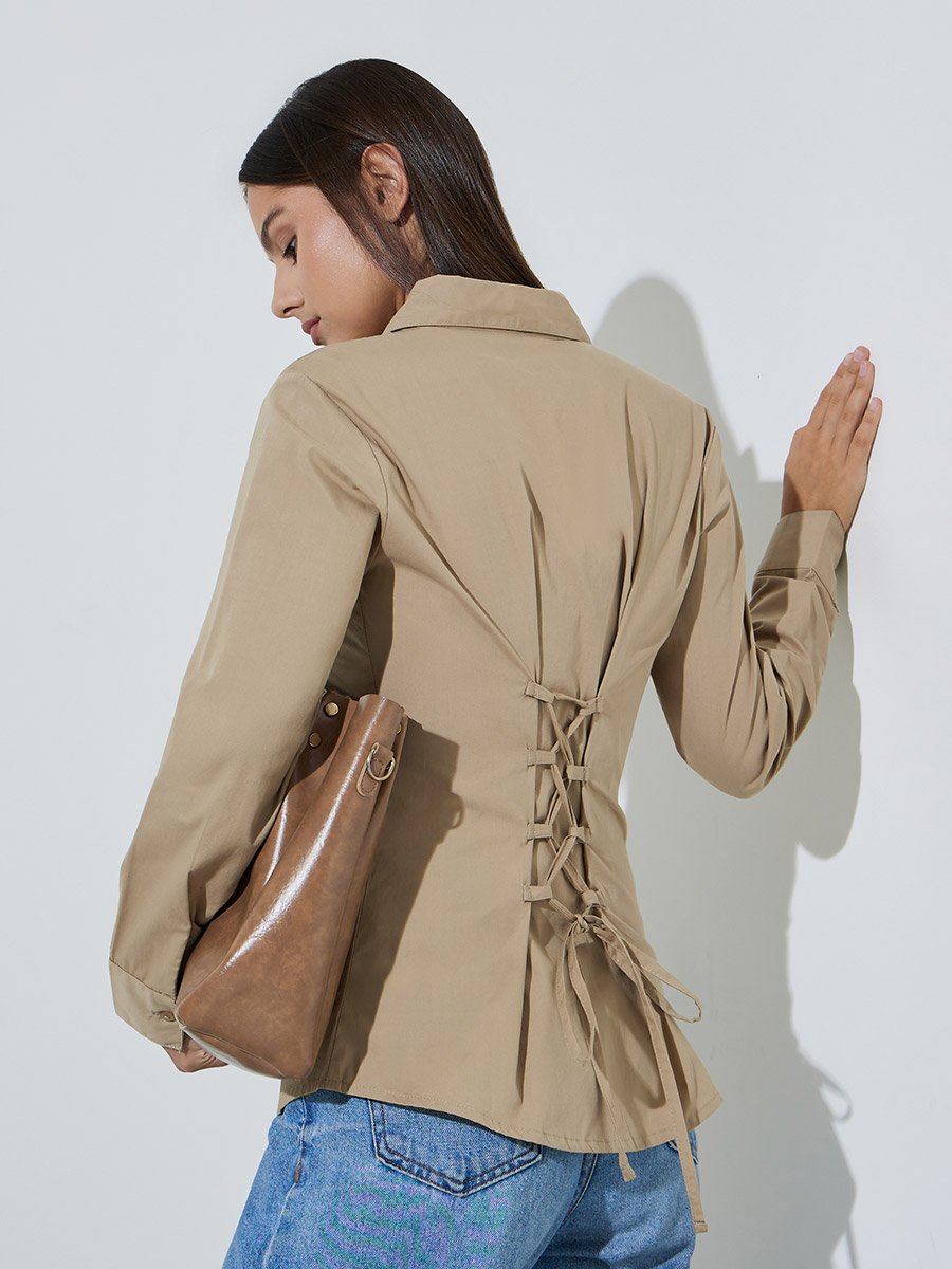 Beige Long Sleeve Fitted Shirt with Back Lace-Up Detail
