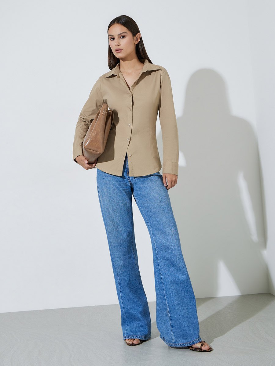Beige Long Sleeve Fitted Shirt with Back Lace-Up Detail