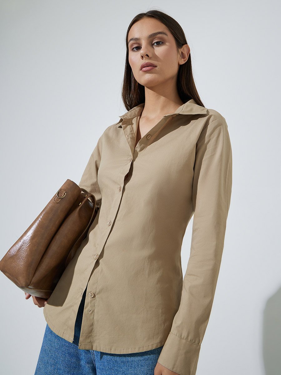Beige Long Sleeve Fitted Shirt with Back Lace-Up Detail