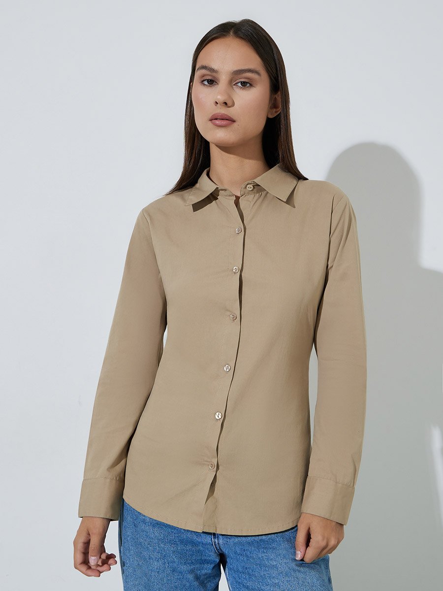 Beige Long Sleeve Fitted Shirt with Back Lace-Up Detail