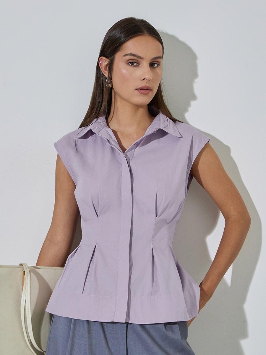 Purple Solid Gathered Details Sleeveless Fitted Shirt