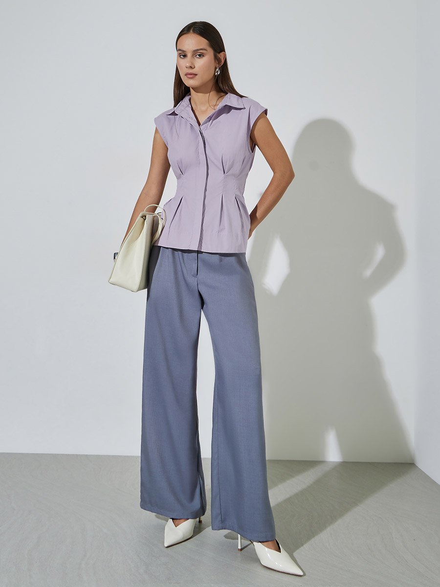 Purple Solid Gathered Details Sleeveless Fitted Shirt