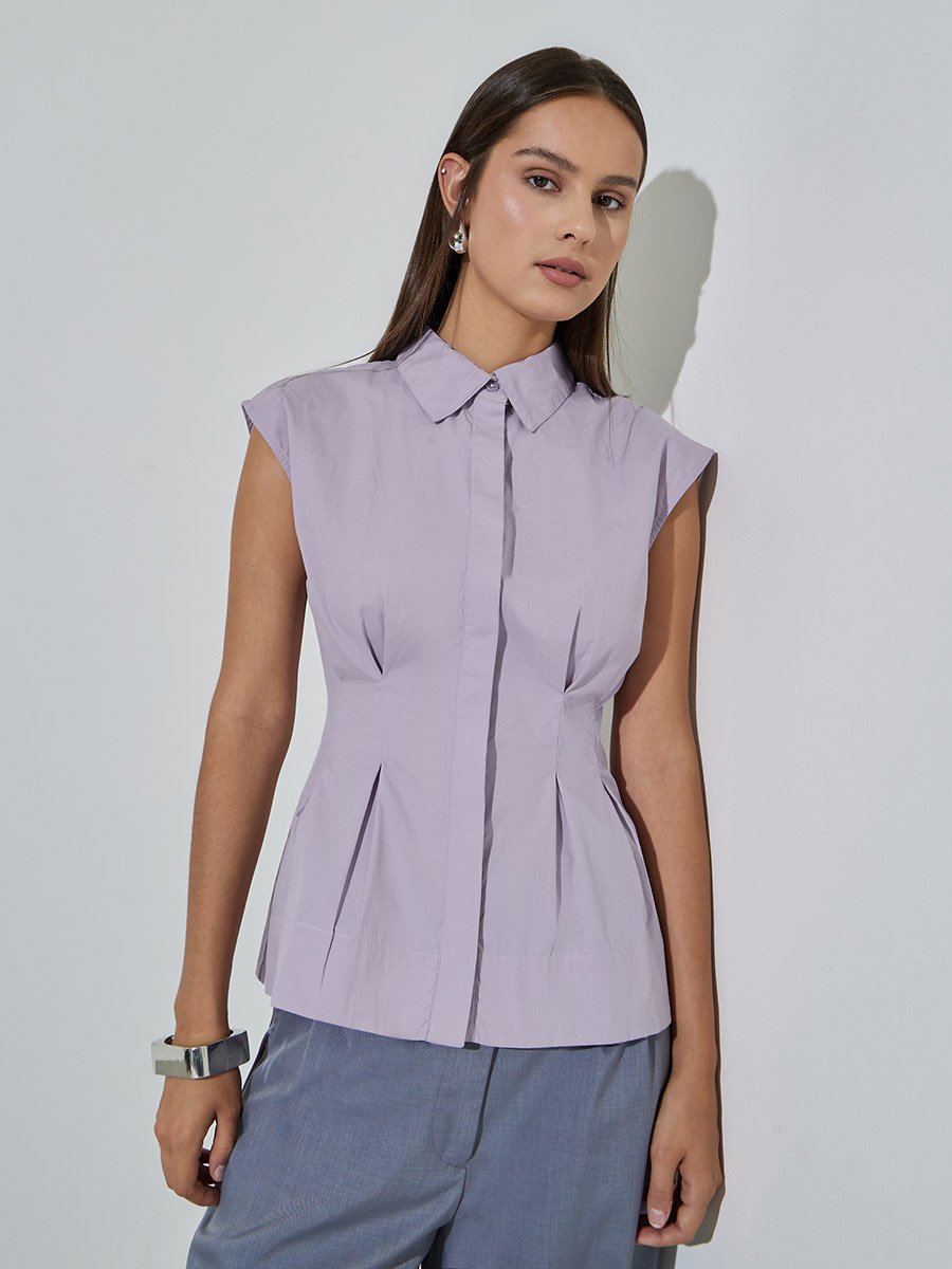 Purple Solid Gathered Details Sleeveless Fitted Shirt
