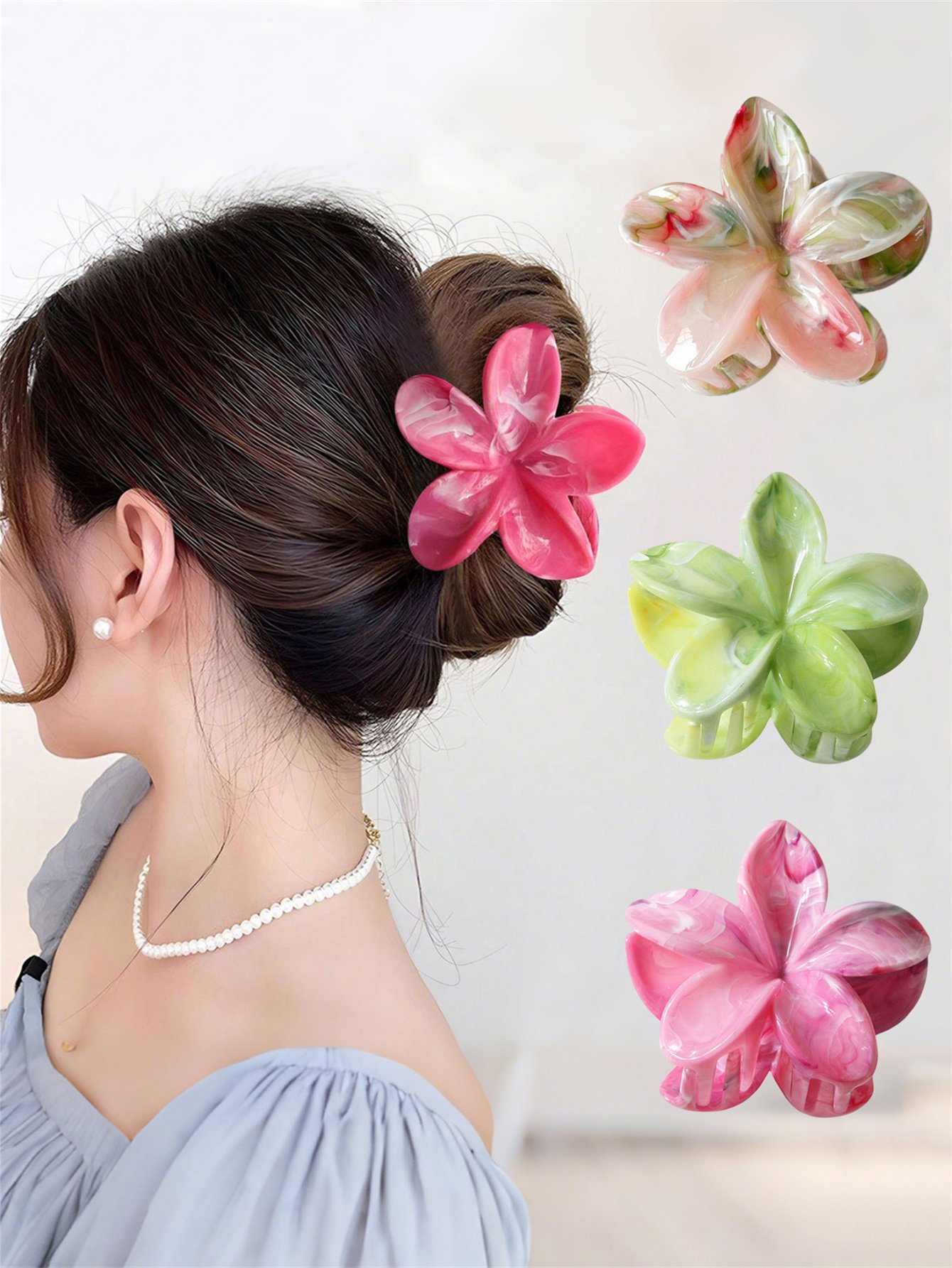 Set of 3 - Floral Marble Claw Clip