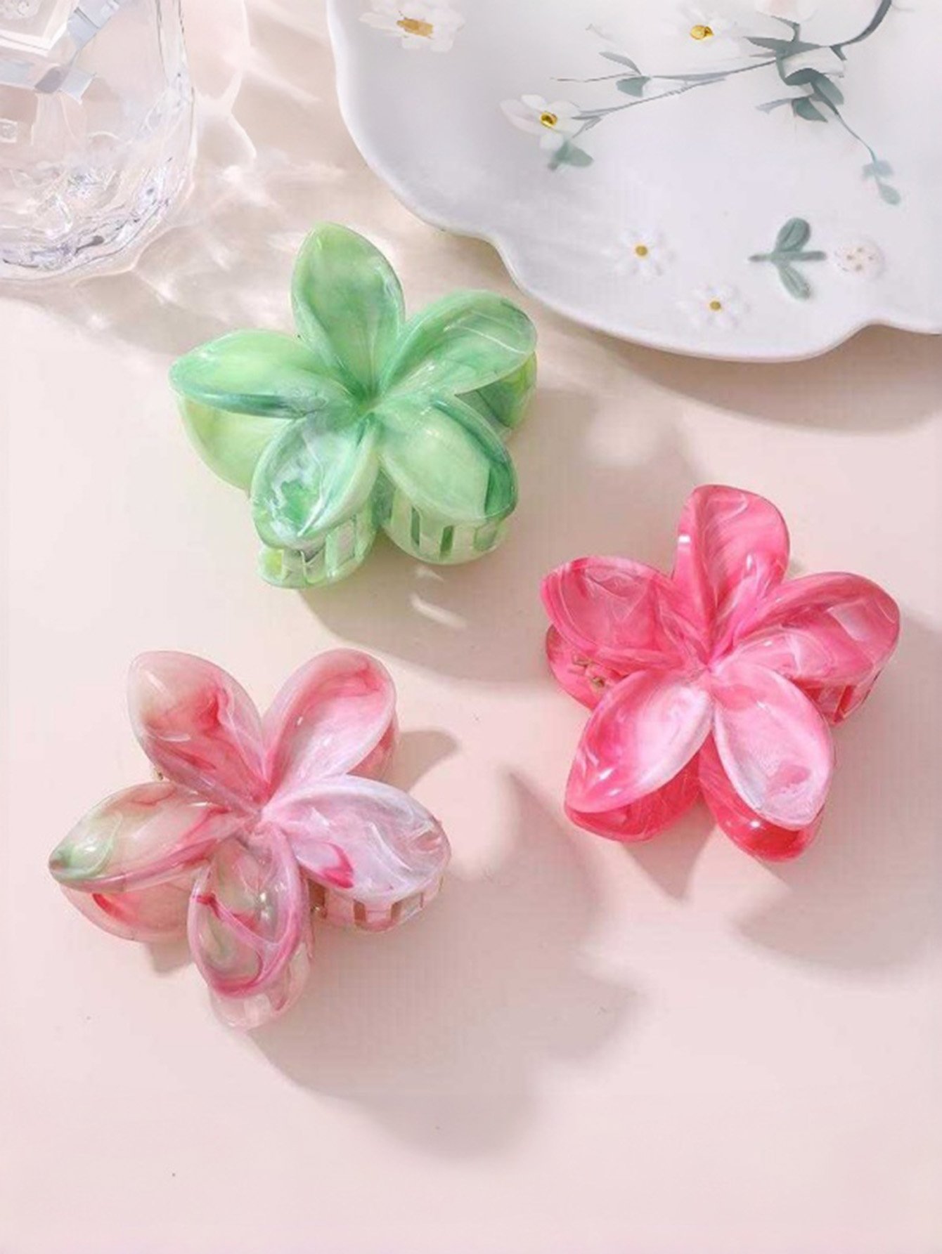 Set of 3 - Floral Marble Claw Clip
