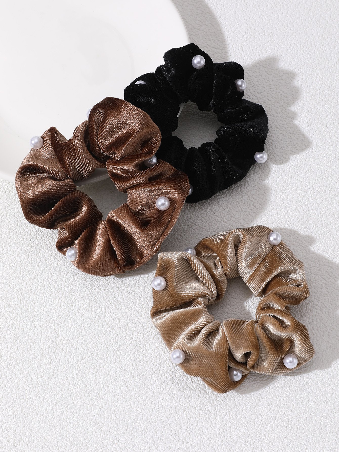 Set of 3 - Velvet Pearl Hair Scrunchies