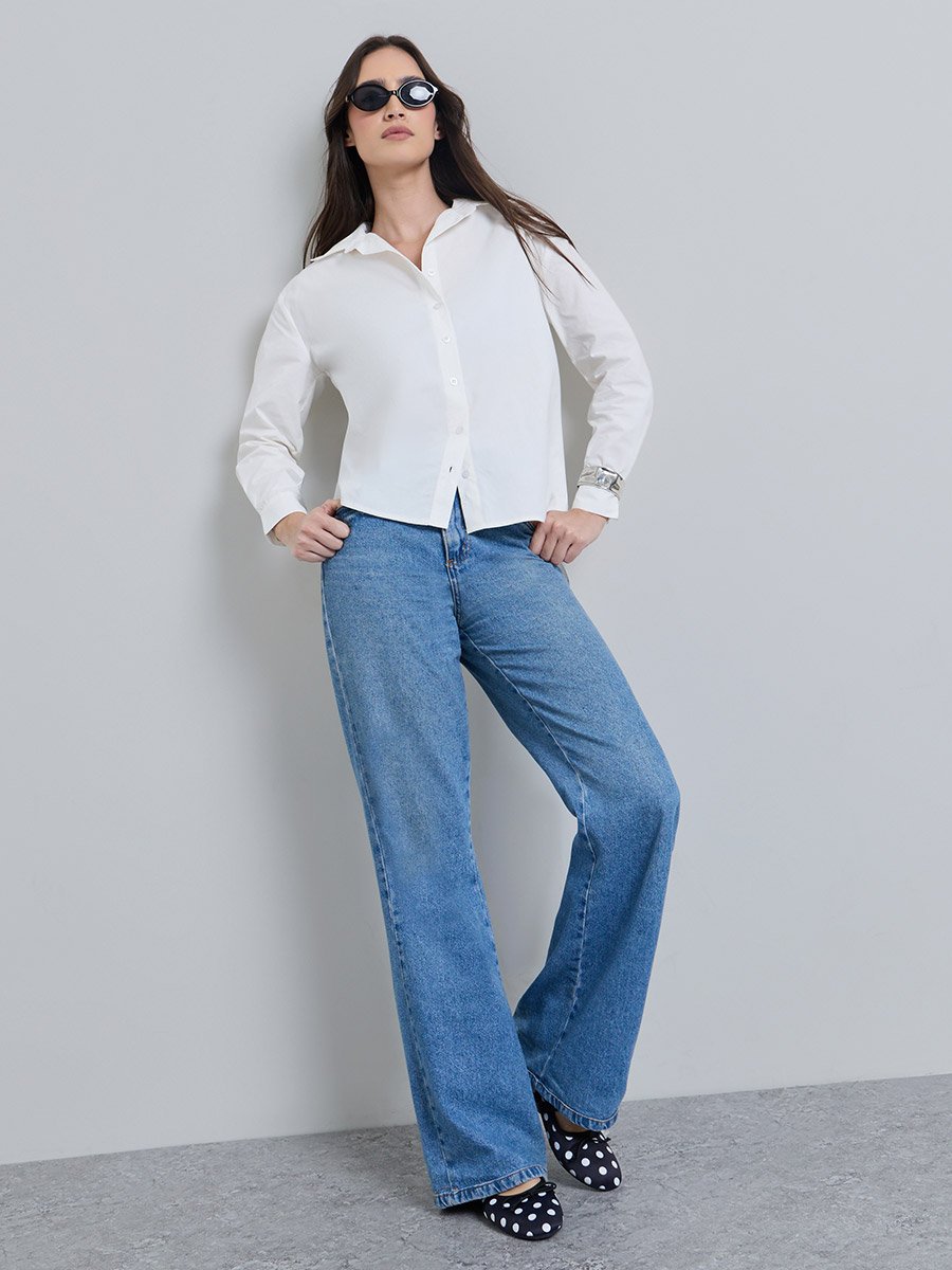 Off White Relaxed Fit Shirt with High-Low Hem