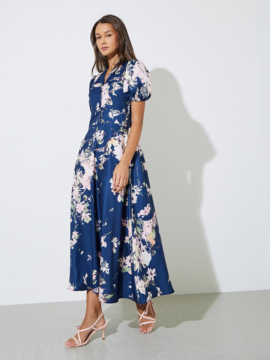 Navy Blue Floral Print Ruched Back Shirt Maxi Dress