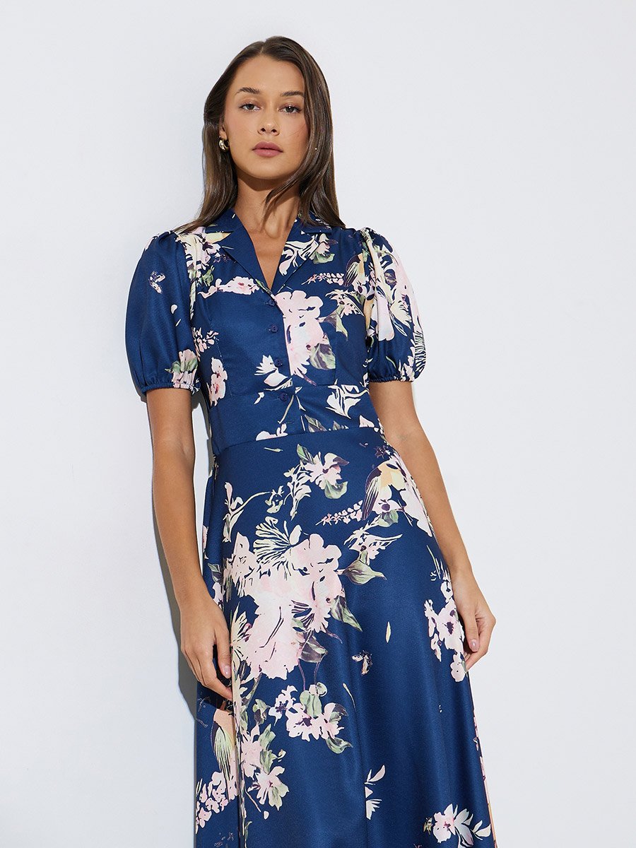 Navy Blue Floral Print Ruched Back Shirt Maxi Dress