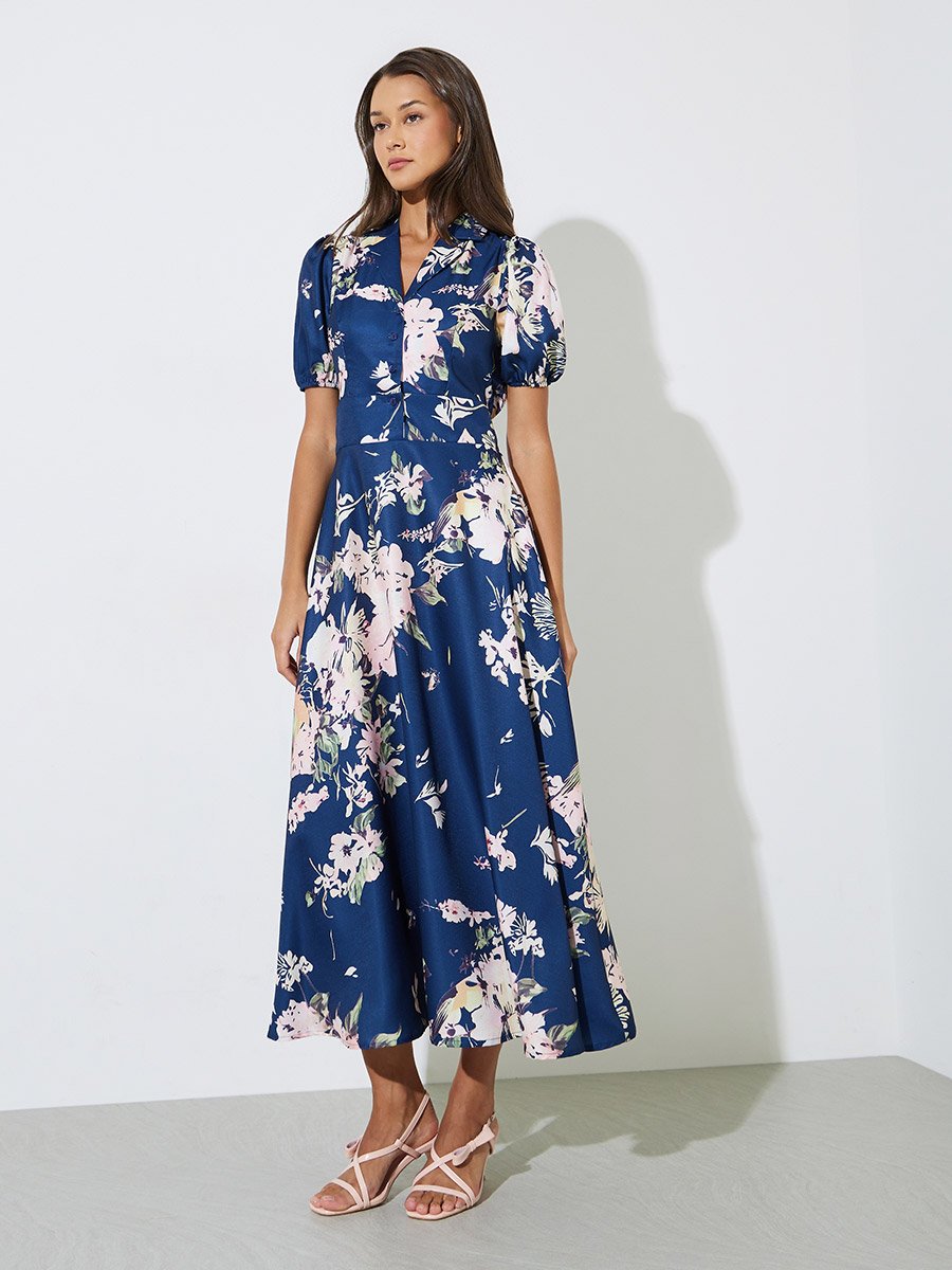 Navy Blue Floral Print Ruched Back Shirt Maxi Dress