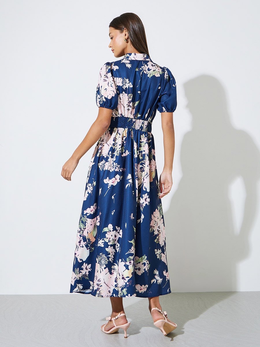Navy Blue Floral Print Ruched Back Shirt Maxi Dress