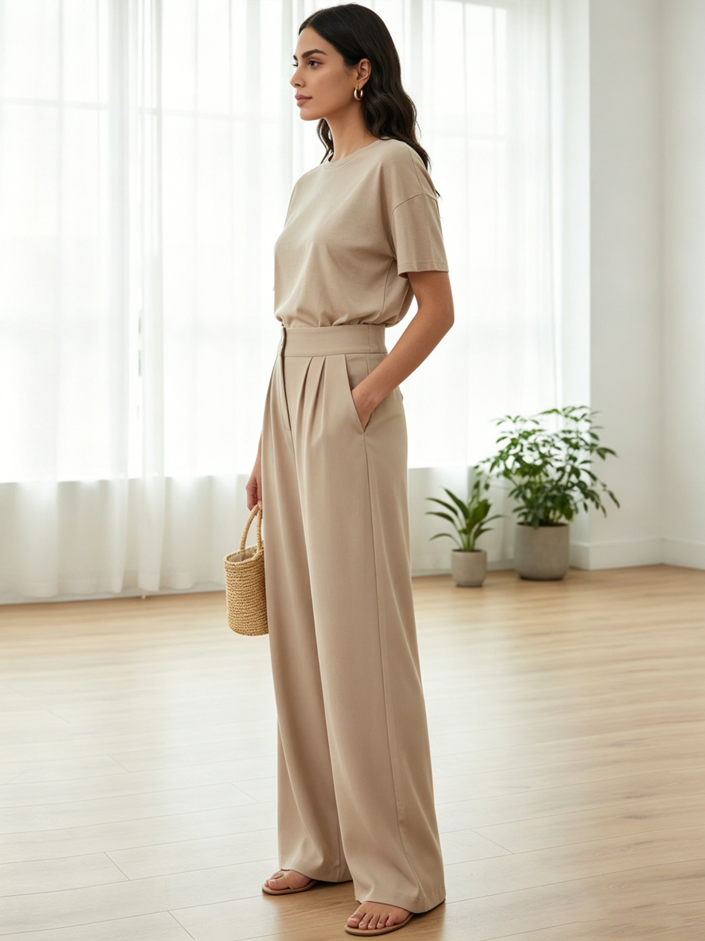 Beige Solid High-Waist Wide-Leg Pleated Trousers
