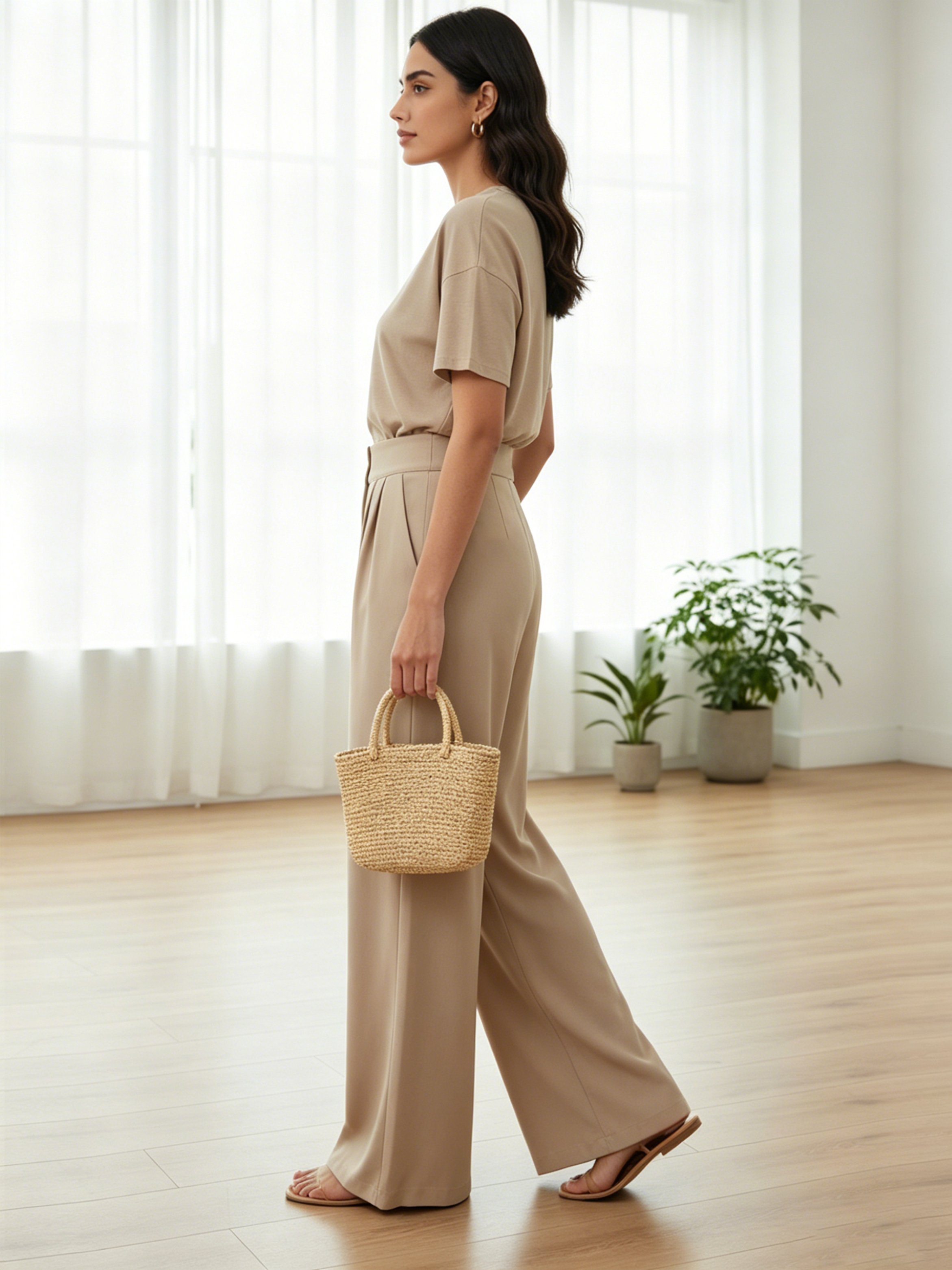 Beige Solid High-Waist Wide-Leg Pleated Trousers