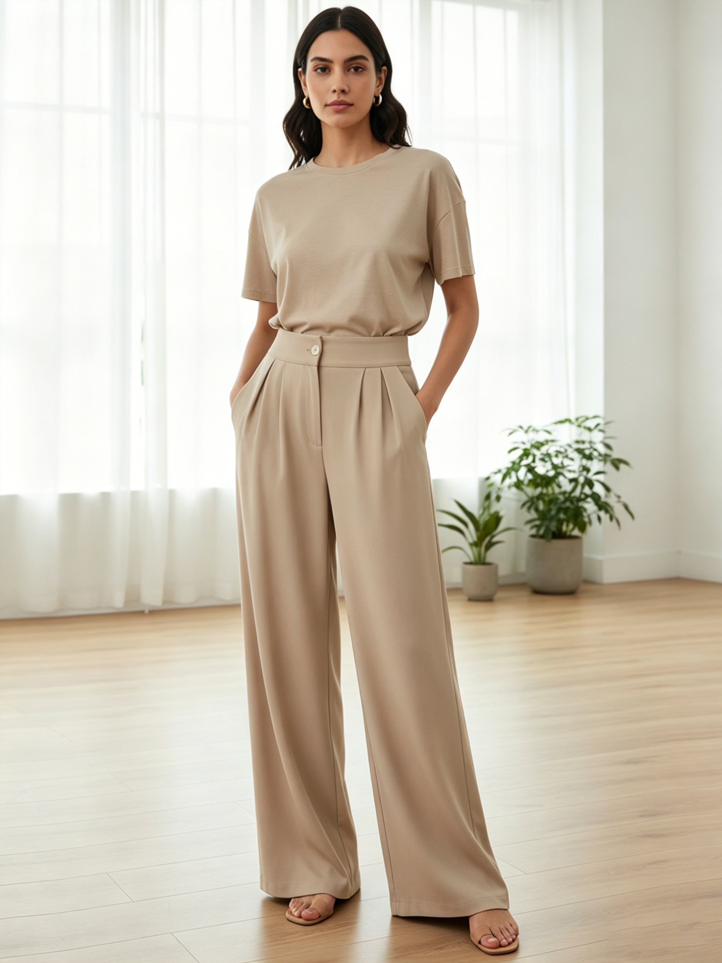 Beige Solid High-Waist Wide-Leg Pleated Trousers