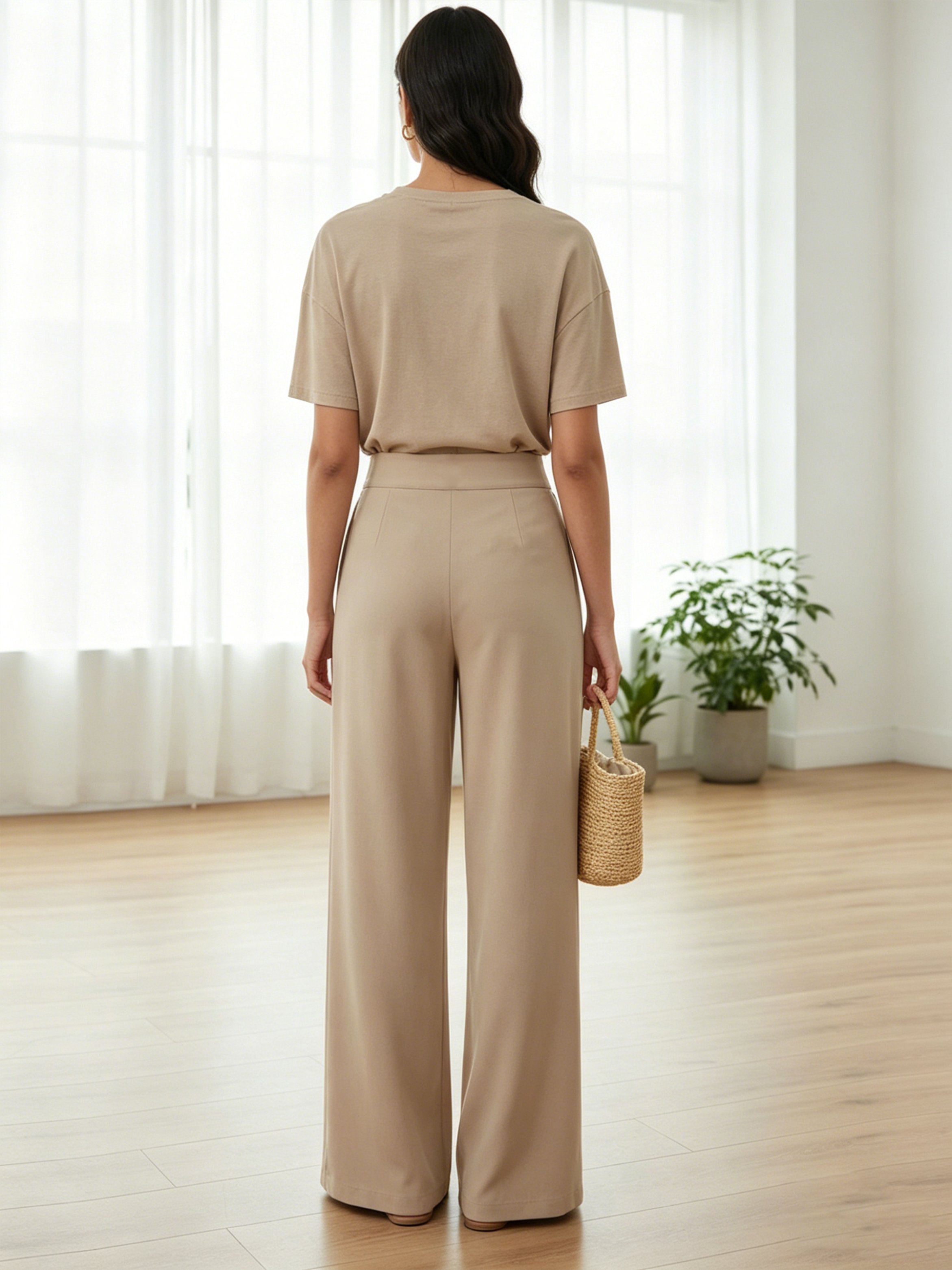 Beige Solid High-Waist Wide-Leg Pleated Trousers