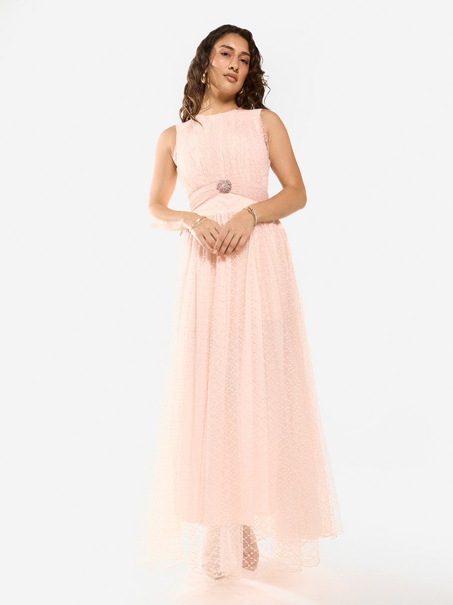 Textured Mesh Overlay Gown Maxi Dress