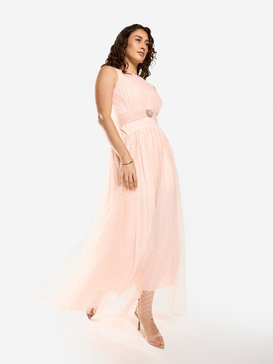 Textured Mesh Overlay Gown Maxi Dress