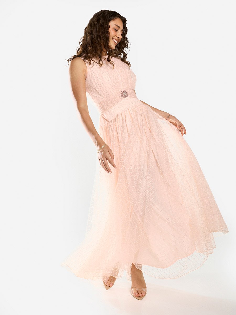Textured Mesh Overlay Gown Maxi Dress