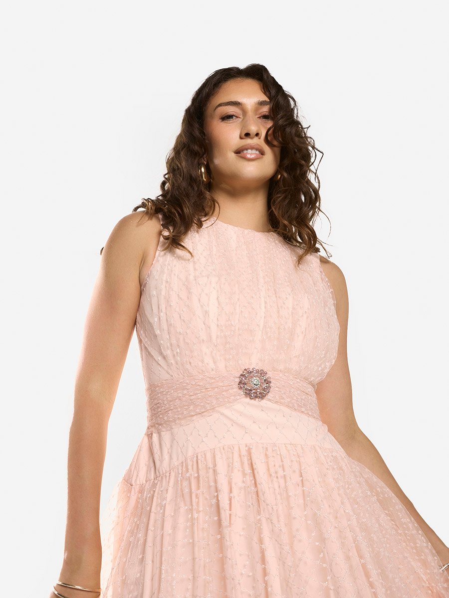 Textured Mesh Overlay Gown Maxi Dress