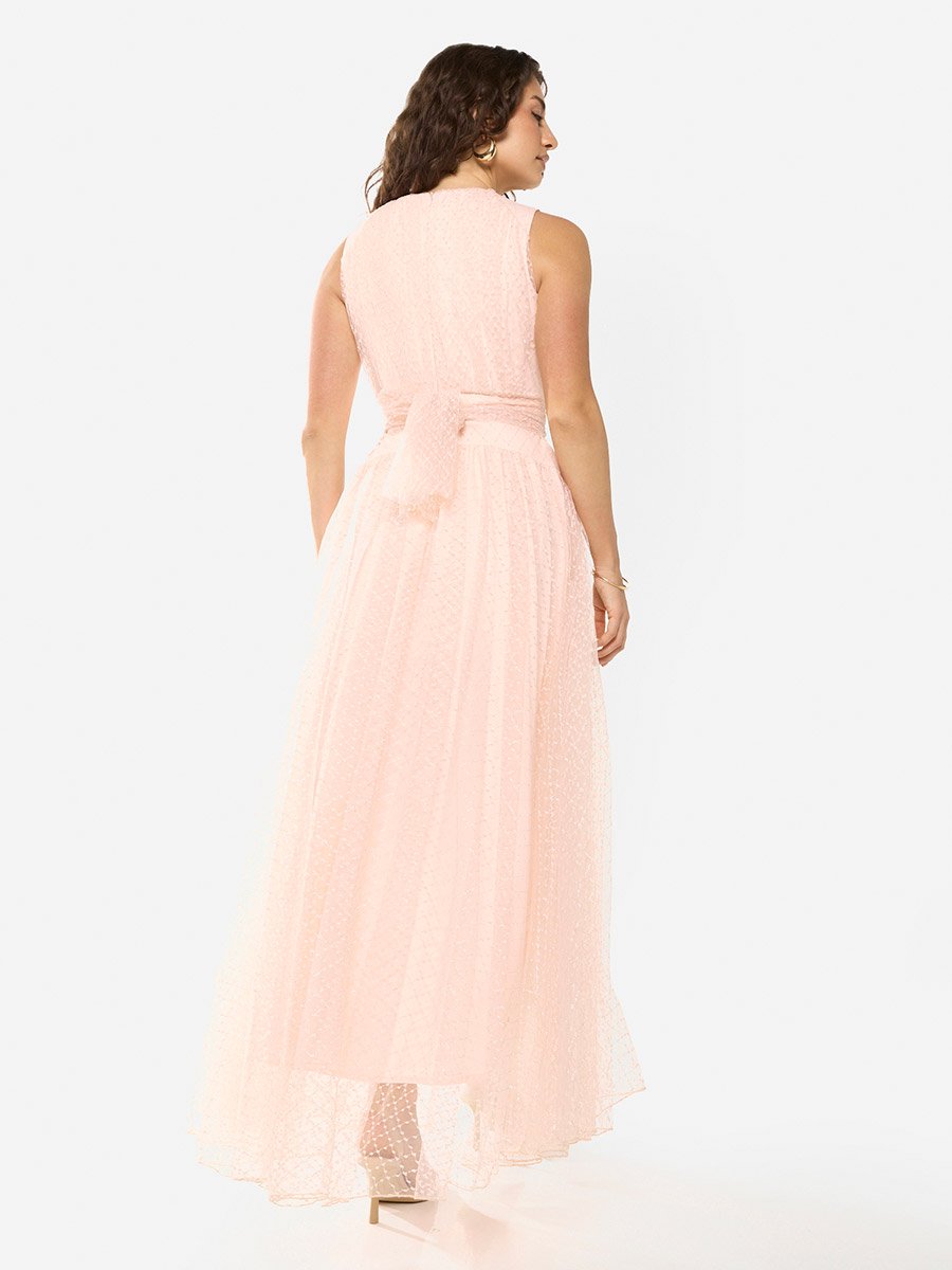 Textured Mesh Overlay Gown Maxi Dress