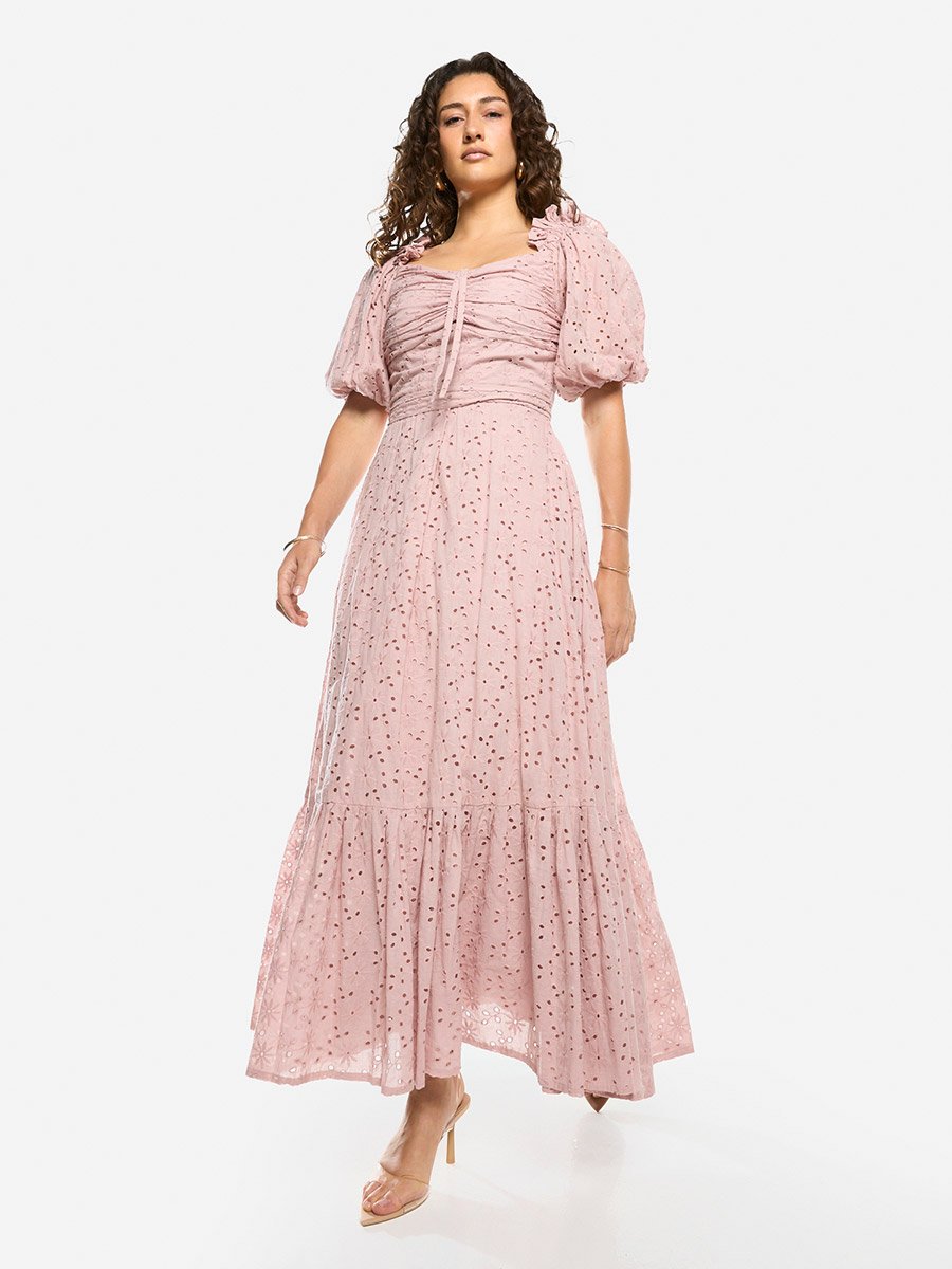 Schiffli Puff Sleeves A-Line Maxi Dress