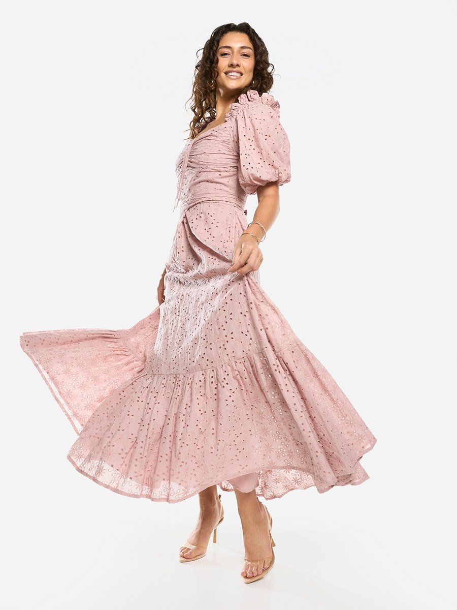 Schiffli Puff Sleeves A-Line Maxi Dress