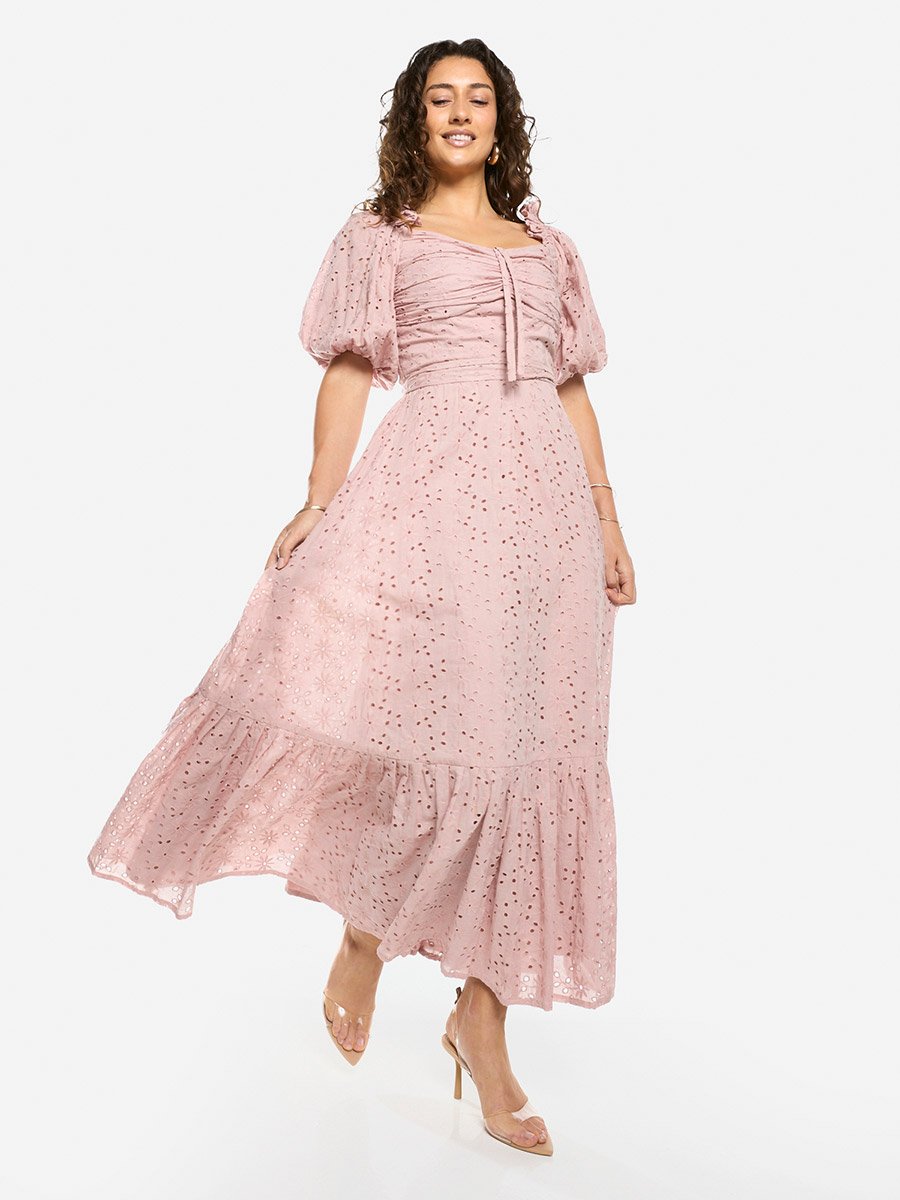 Schiffli Puff Sleeves A-Line Maxi Dress