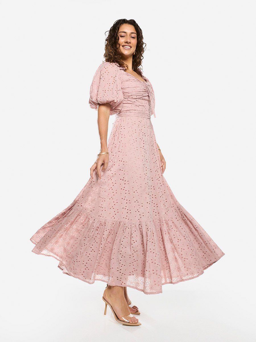 Schiffli Puff Sleeves A-Line Maxi Dress