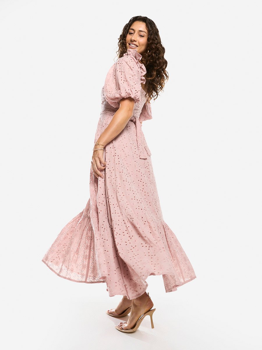 Schiffli Puff Sleeves A-Line Maxi Dress
