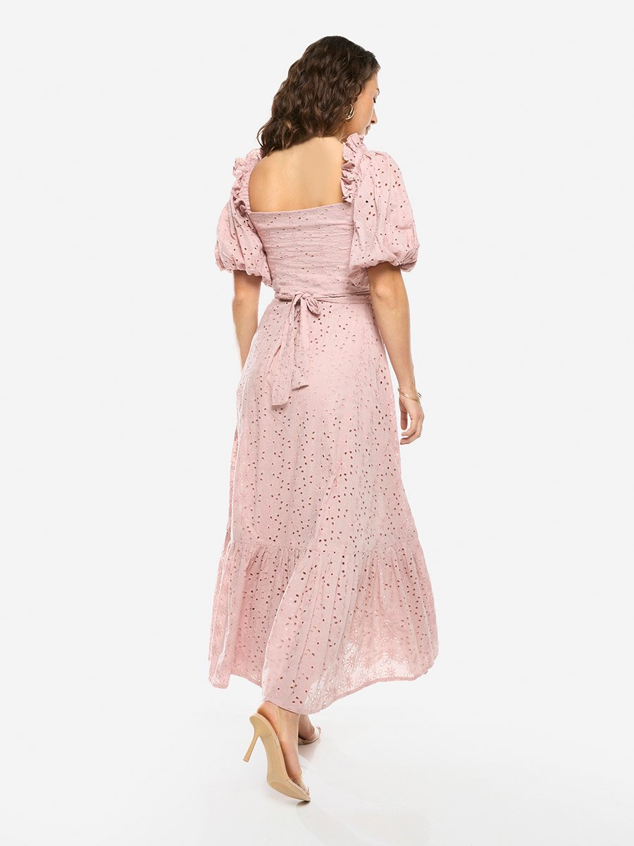 Schiffli Puff Sleeves A-Line Maxi Dress