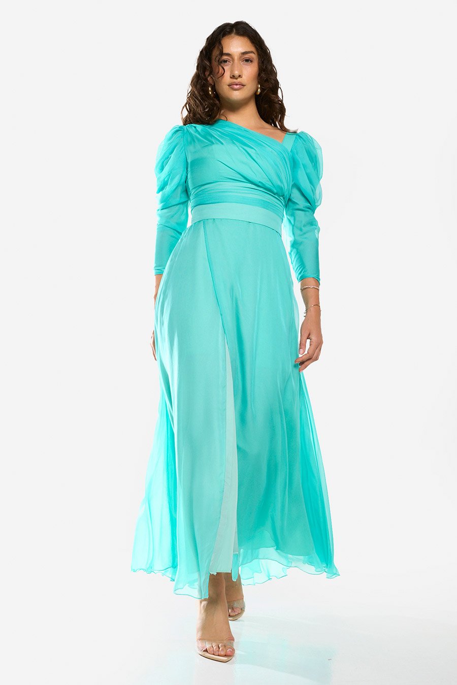 Draped Bodice Puff Sleeve Gown Maxi Dress
