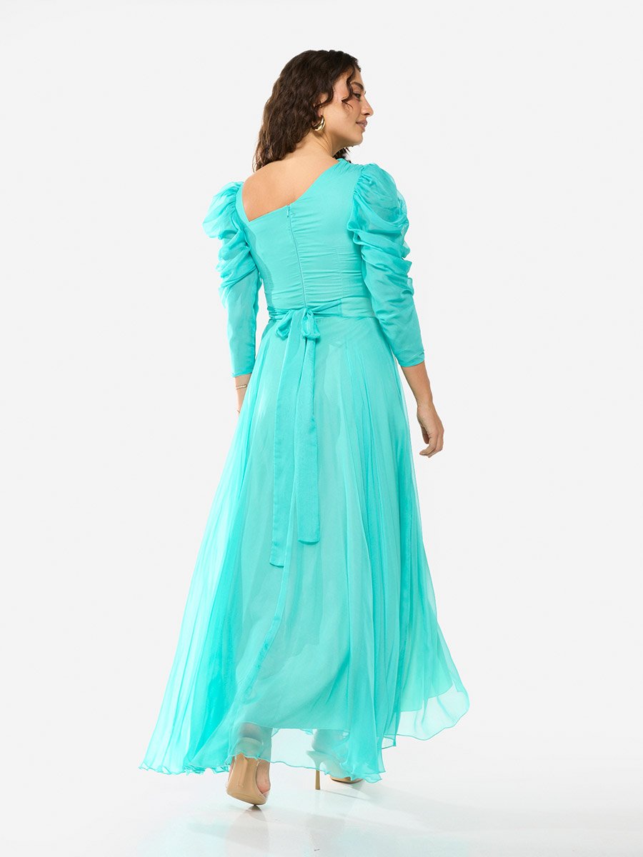 Draped Bodice Puff Sleeve Gown Maxi Dress