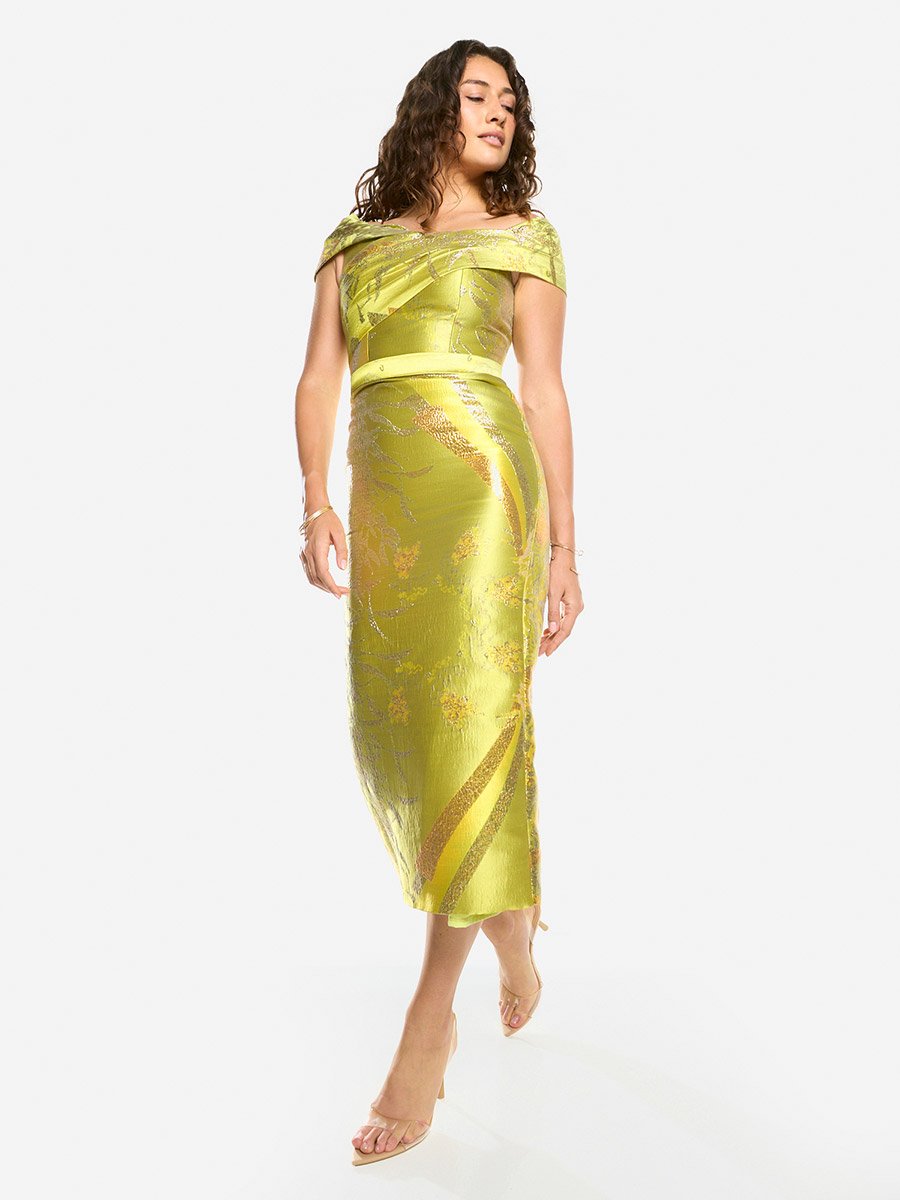 Textured Off-Shoulder Sculpt Midi Dress