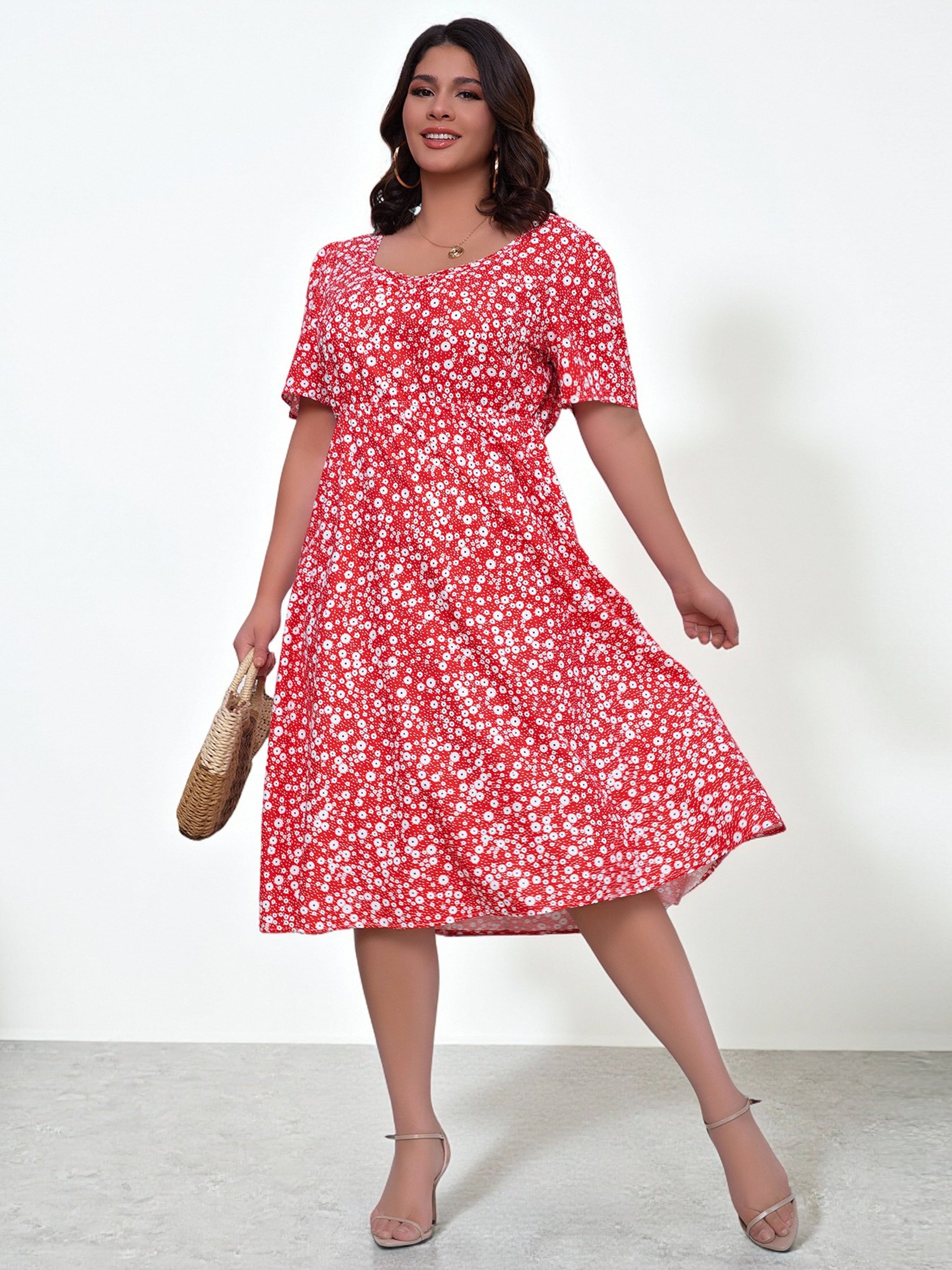 Plus Size Red Floral A-Line Knee-Length Dress