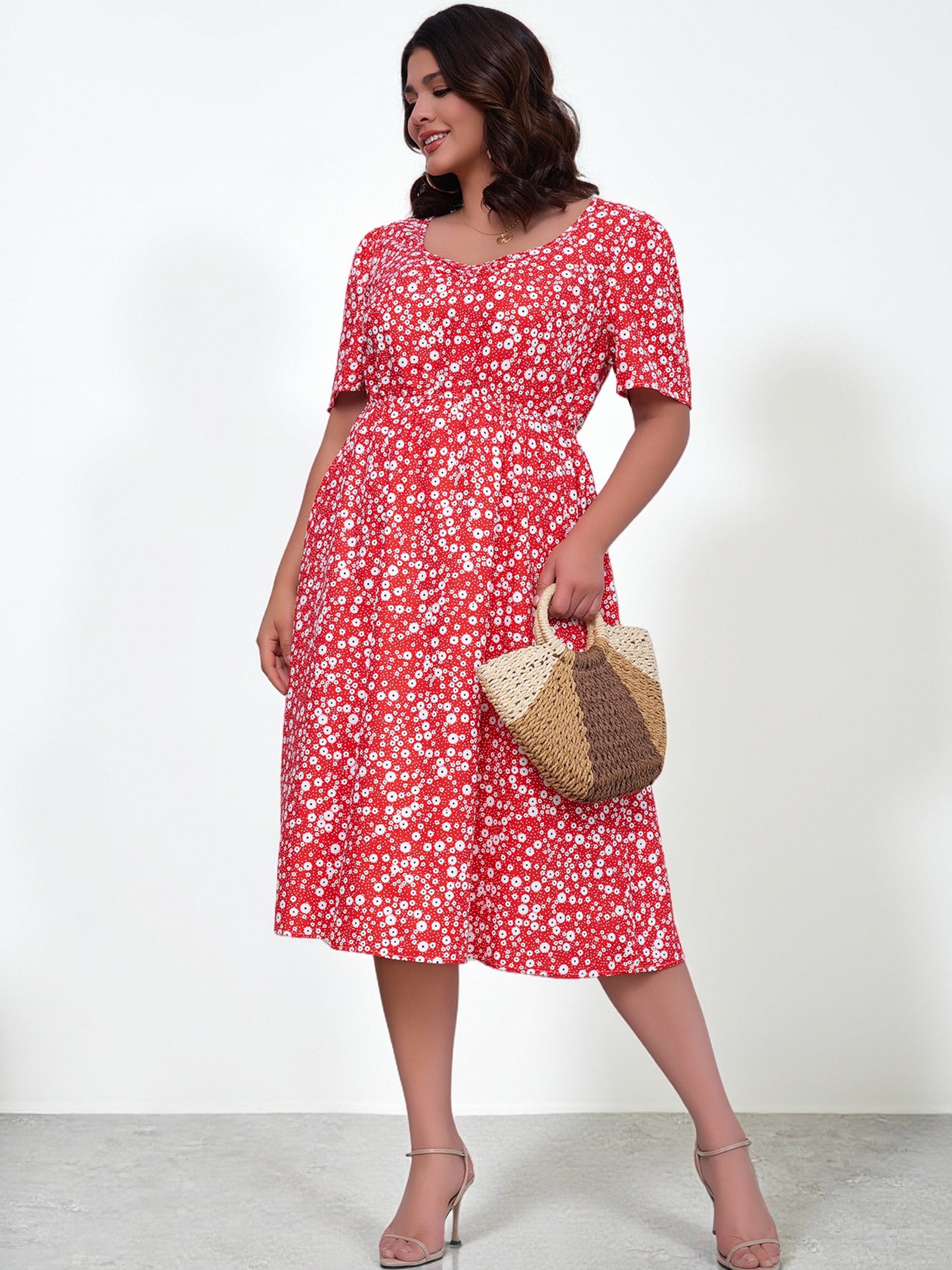 Plus Size Red Floral A-Line Knee-Length Dress