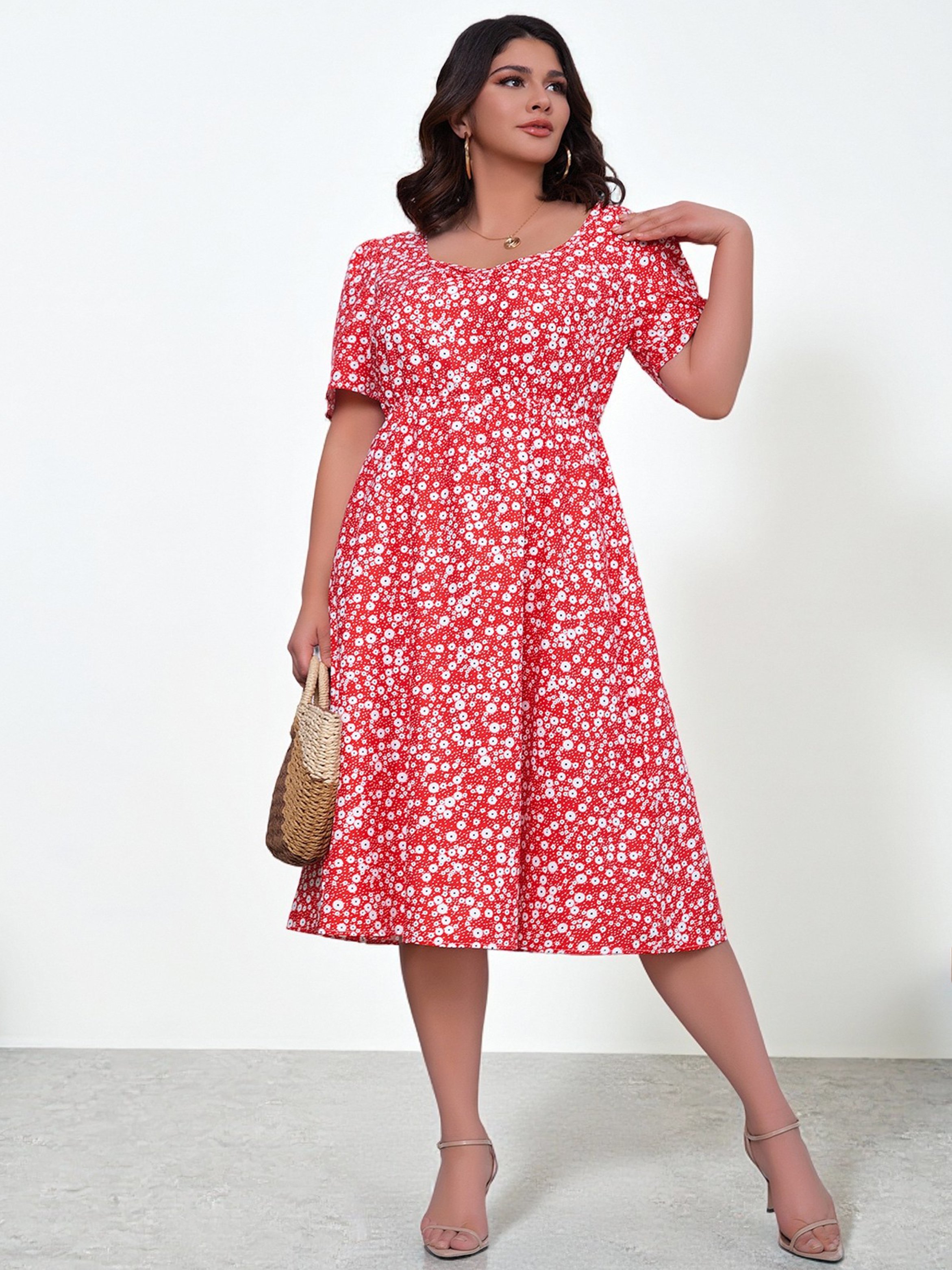 Plus Size Red Floral A-Line Knee-Length Dress