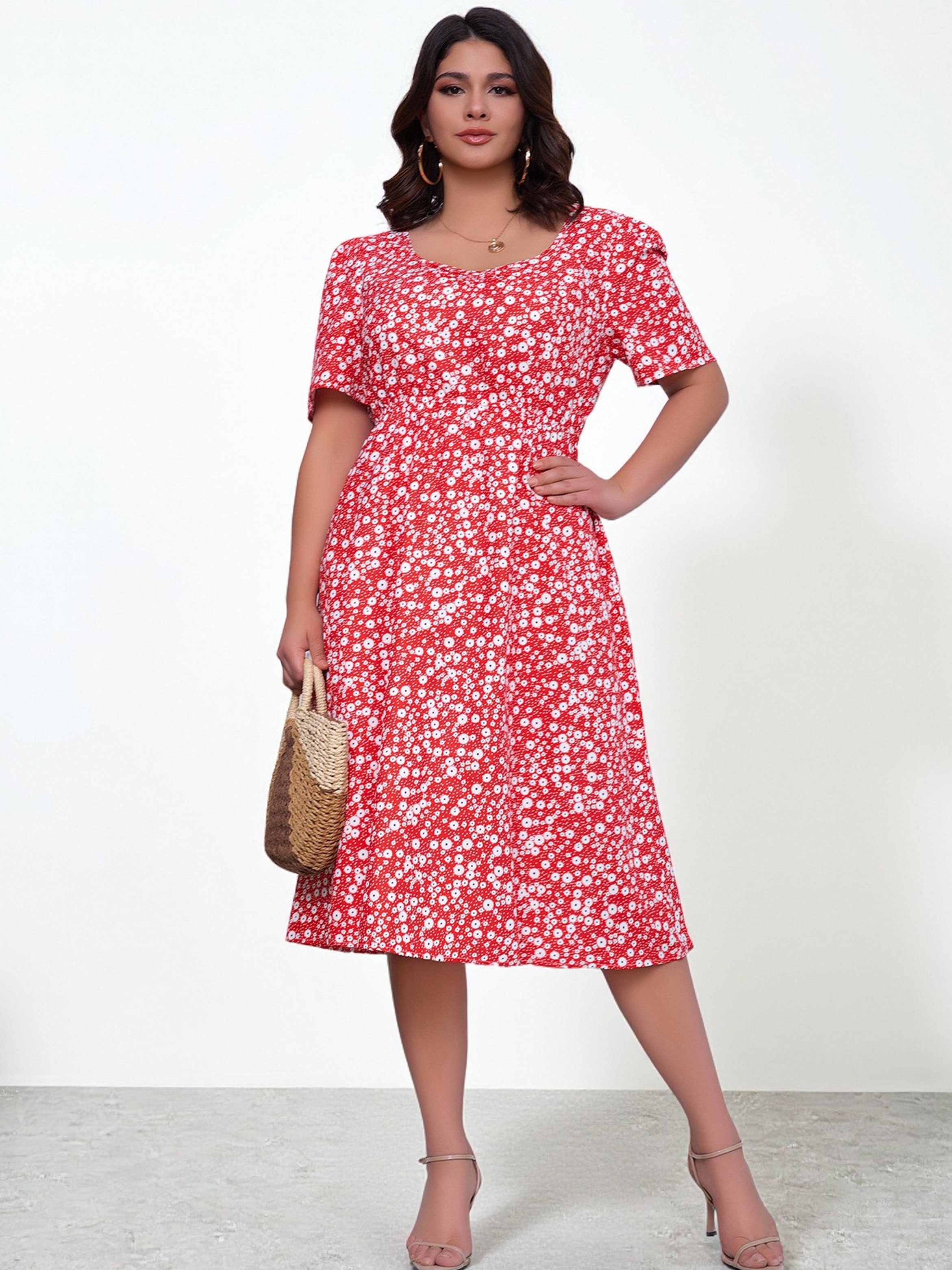 Plus Size Red Floral A-Line Knee-Length Dress