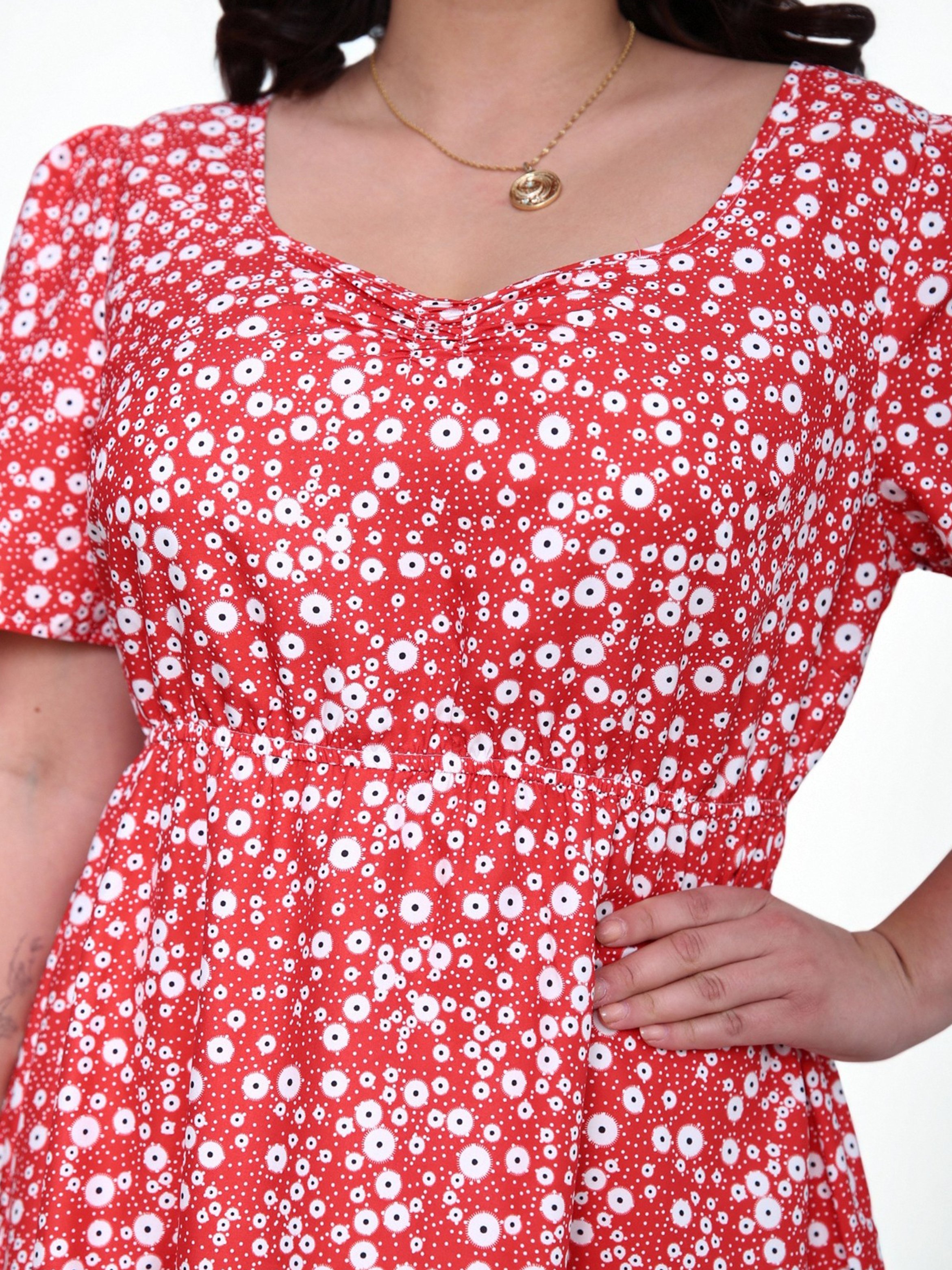 Plus Size Red Floral A-Line Knee-Length Dress