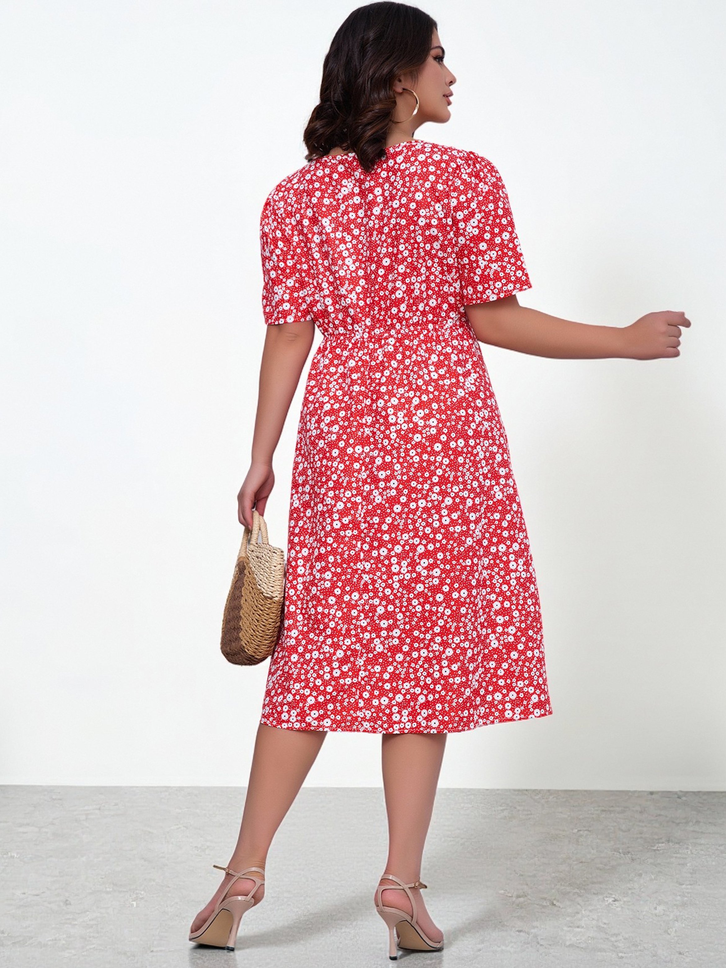Plus Size Red Floral A-Line Knee-Length Dress