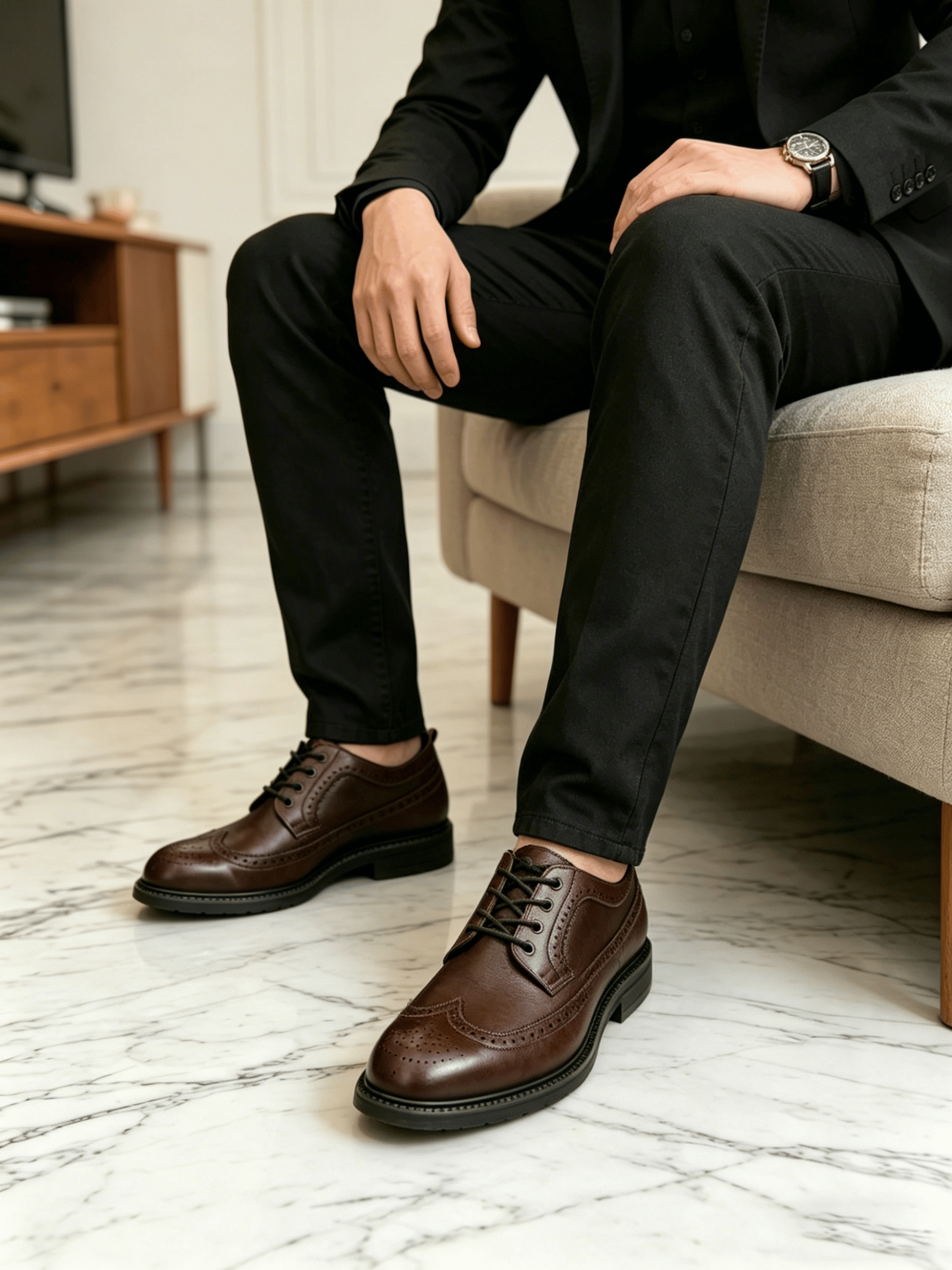 Men Burgundy Brogue Derby Formal Shoes