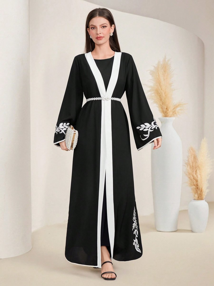 Black Contrast Trims Embroidered Open Front Abaya