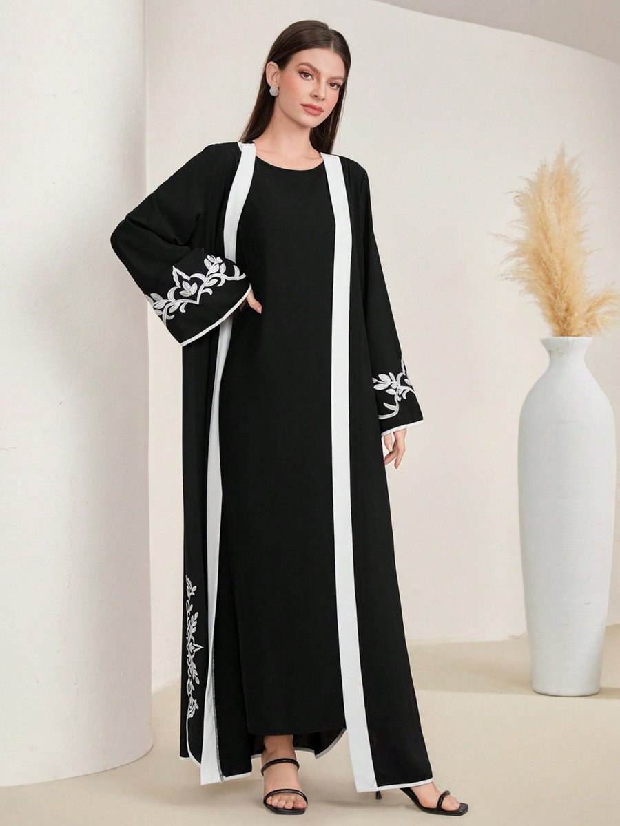 Black Contrast Trims Embroidered Open Front Abaya