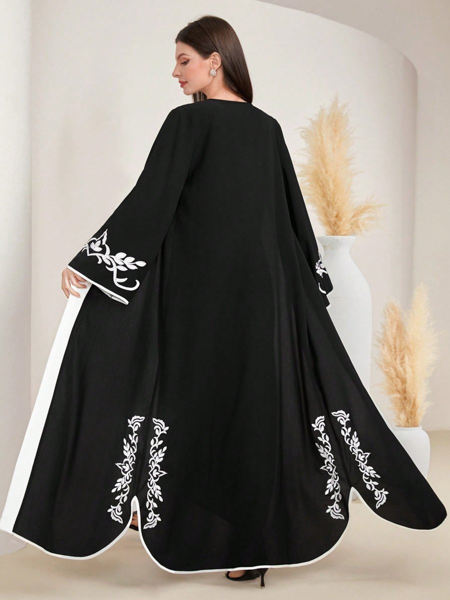 Black Contrast Trims Embroidered Open Front Abaya