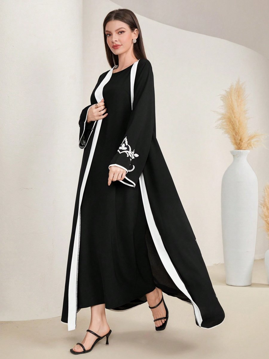 Black Contrast Trims Embroidered Open Front Abaya