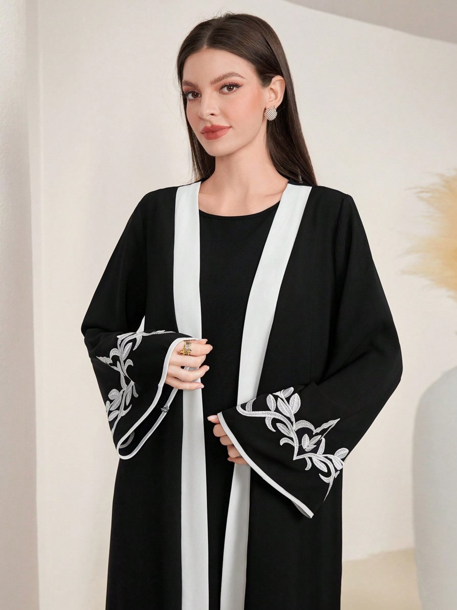 Black Contrast Trims Embroidered Open Front Abaya