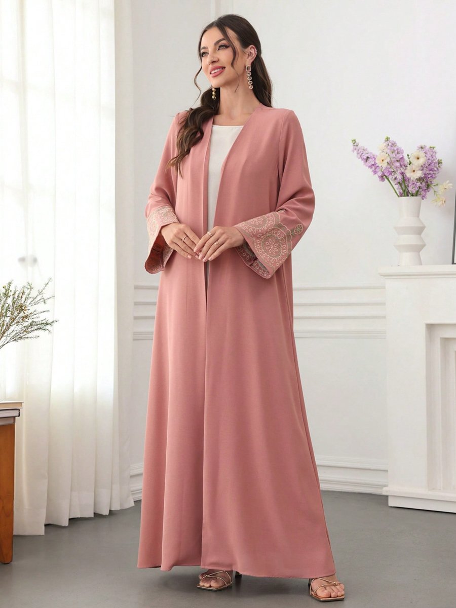Dark Pink Embroidered Open Front Abaya