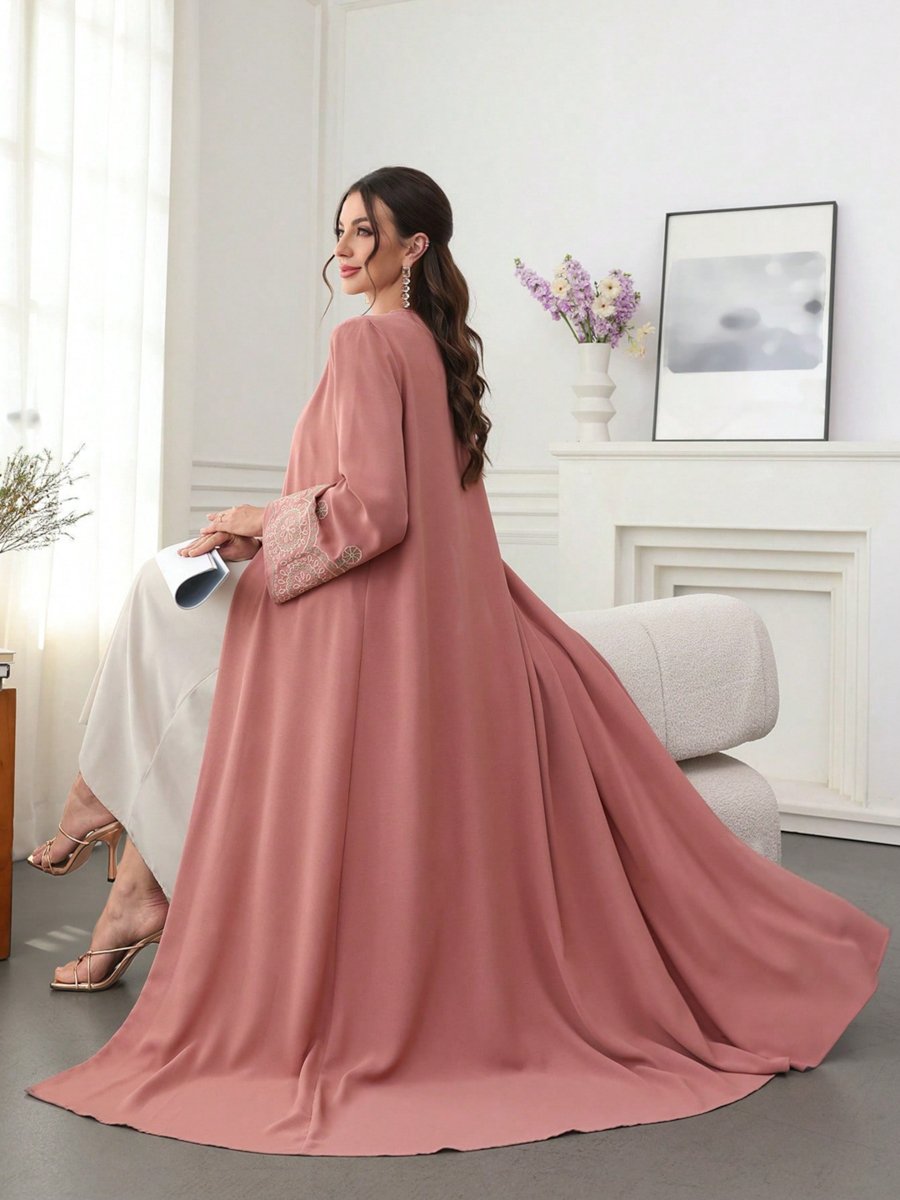 Dark Pink Embroidered Open Front Abaya