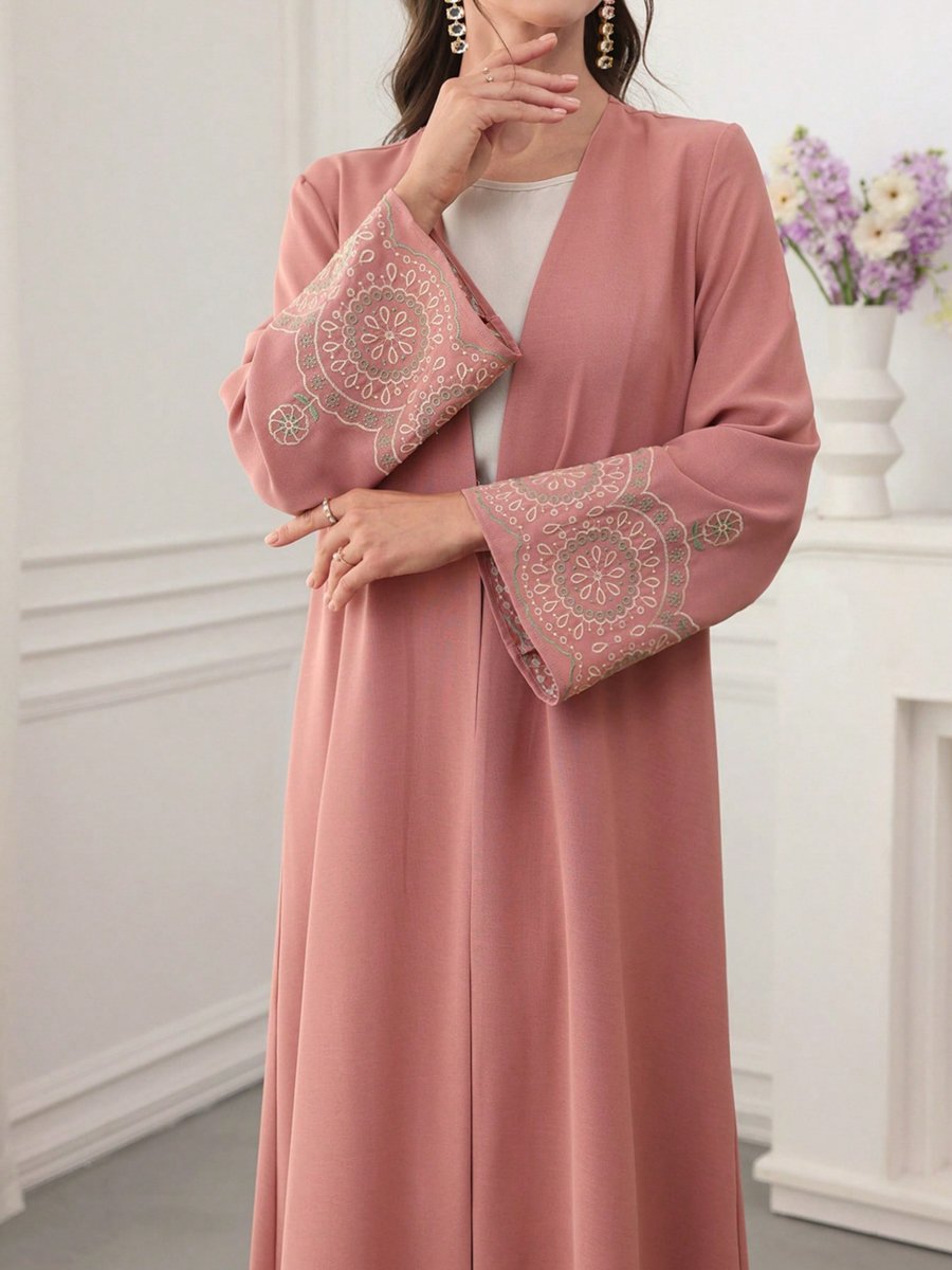 Dark Pink Embroidered Open Front Abaya