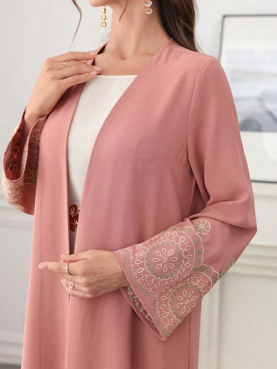Dark Pink Embroidered Open Front Abaya