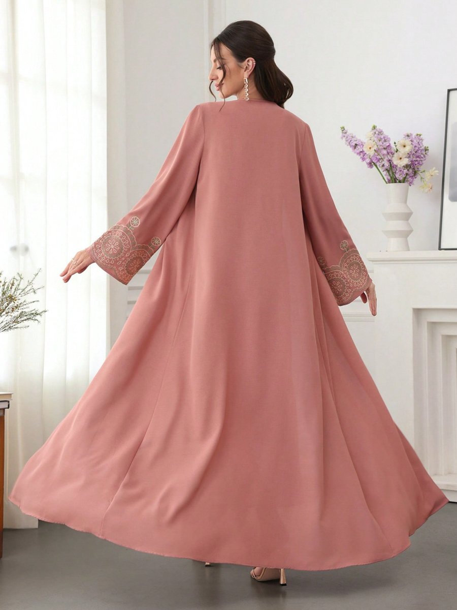 Dark Pink Embroidered Open Front Abaya